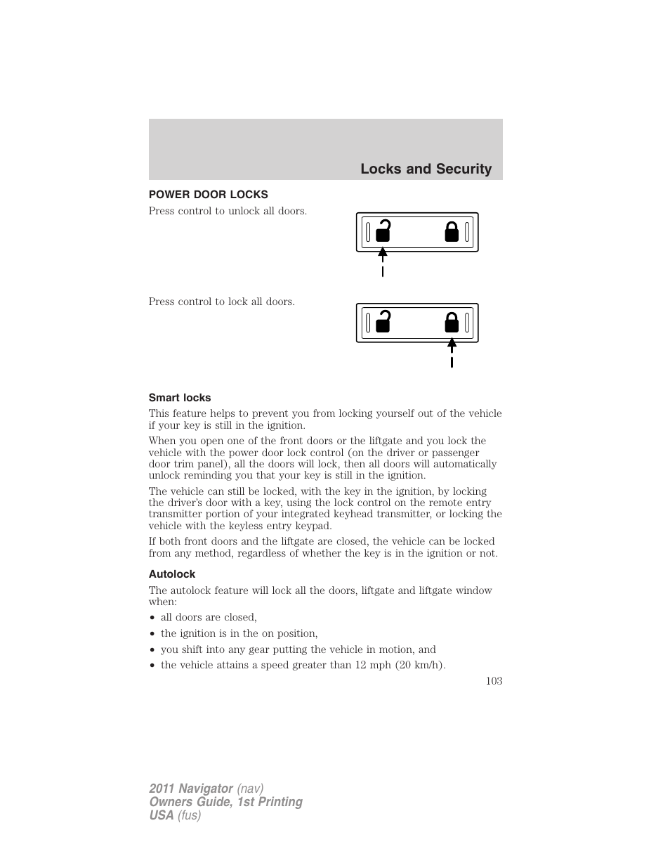 Power door locks, Smart locks, Autolock | Locks, Locks and security | Lincoln 2011 Navigator User Manual | Page 103 / 370