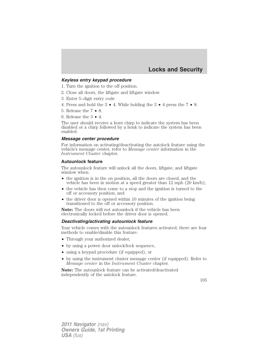 Keyless entry keypad procedure, Message center procedure, Autounlock feature | Deactivating/activating autounlock feature, Locks and security | Lincoln 2011 Navigator User Manual | Page 105 / 370