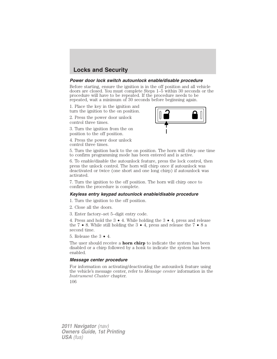 Message center procedure, Locks and security | Lincoln 2011 Navigator User Manual | Page 106 / 370