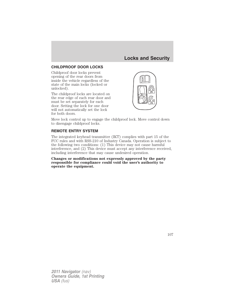 Childproof door locks, Remote entry system, Locks and security | Lincoln 2011 Navigator User Manual | Page 107 / 370