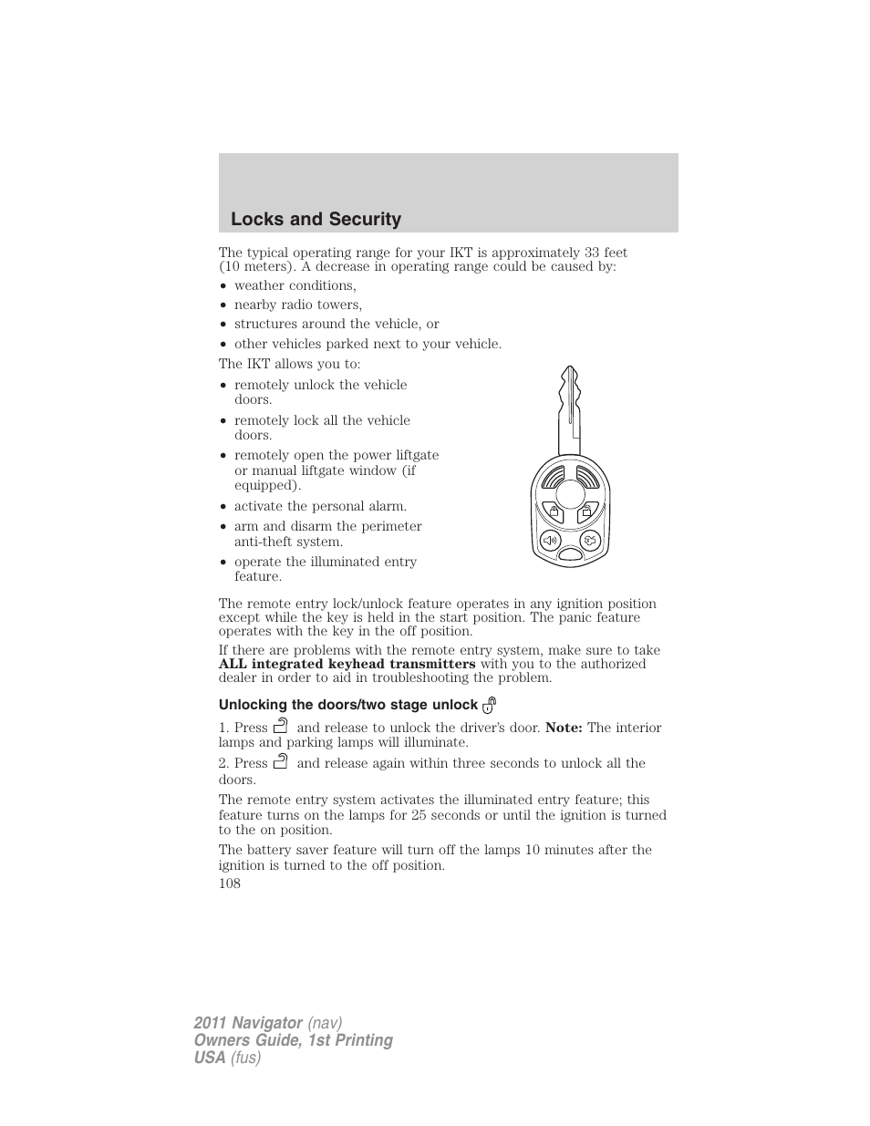 Unlocking the doors/two stage unlock, Locks and security | Lincoln 2011 Navigator User Manual | Page 108 / 370