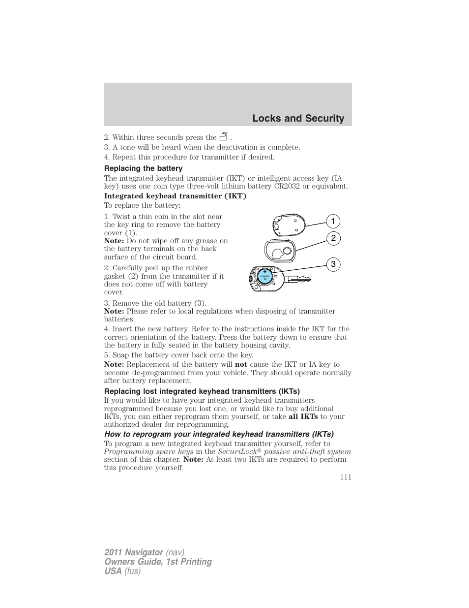 Replacing the battery, Locks and security | Lincoln 2011 Navigator User Manual | Page 111 / 370