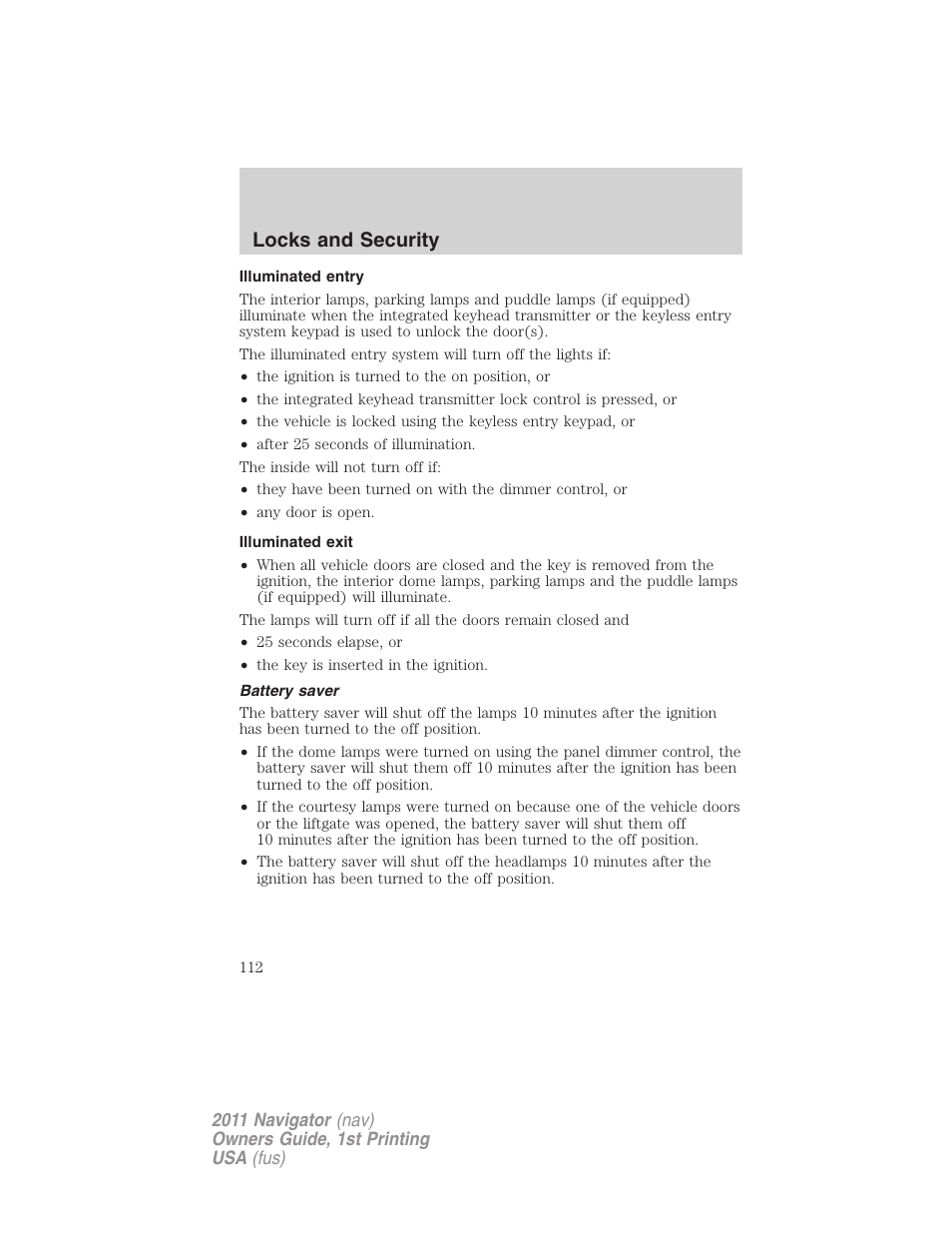 Illuminated entry, Illuminated exit, Battery saver | Locks and security | Lincoln 2011 Navigator User Manual | Page 112 / 370