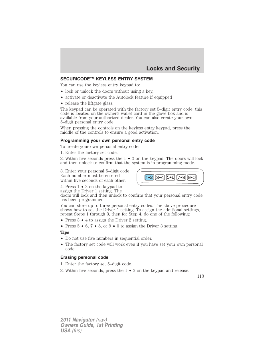 Securicode™ keyless entry system, Programming your own personal entry code, Erasing personal code | Locks and security | Lincoln 2011 Navigator User Manual | Page 113 / 370