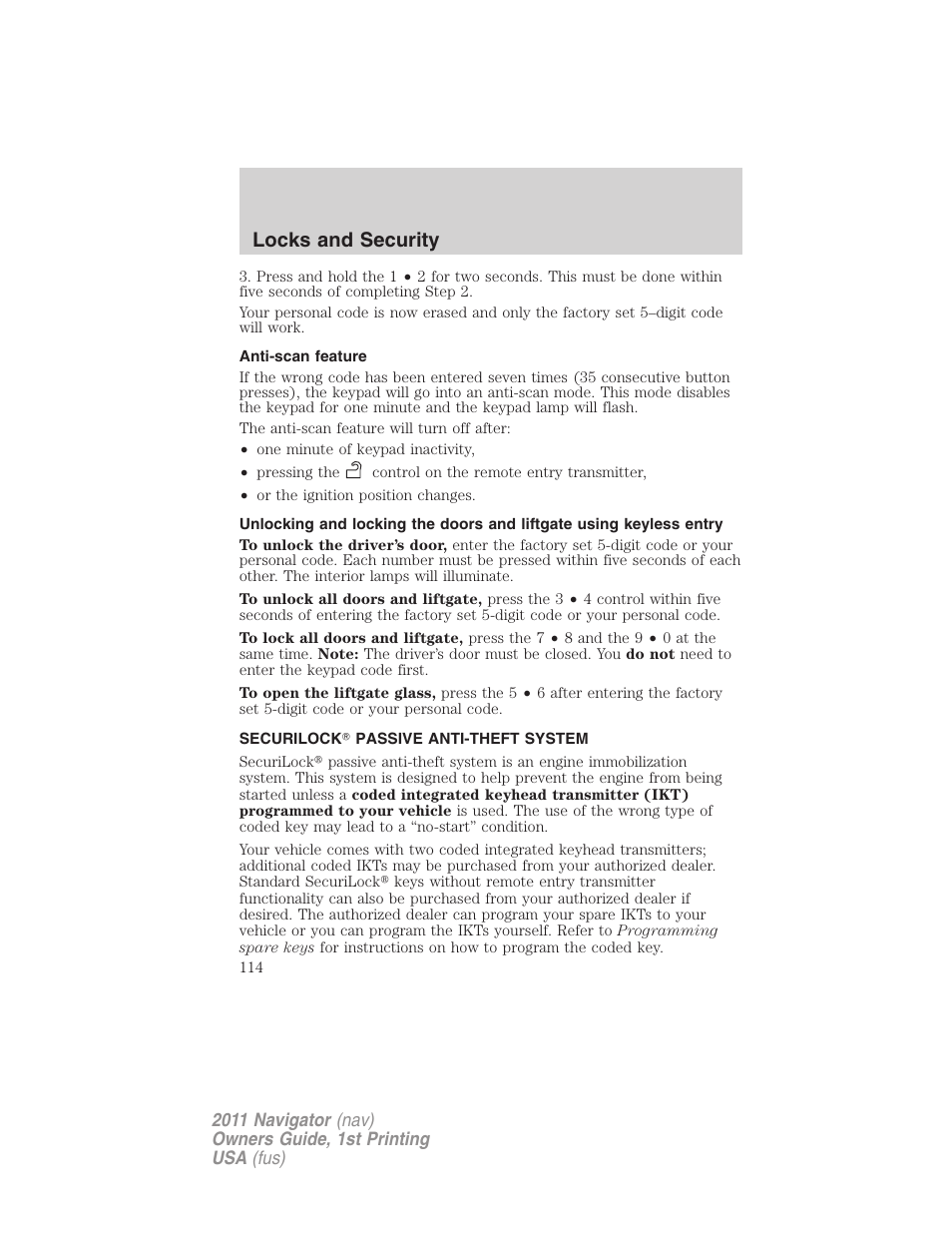 Anti-scan feature, Securilock passive anti-theft system, Anti-theft system | Locks and security | Lincoln 2011 Navigator User Manual | Page 114 / 370