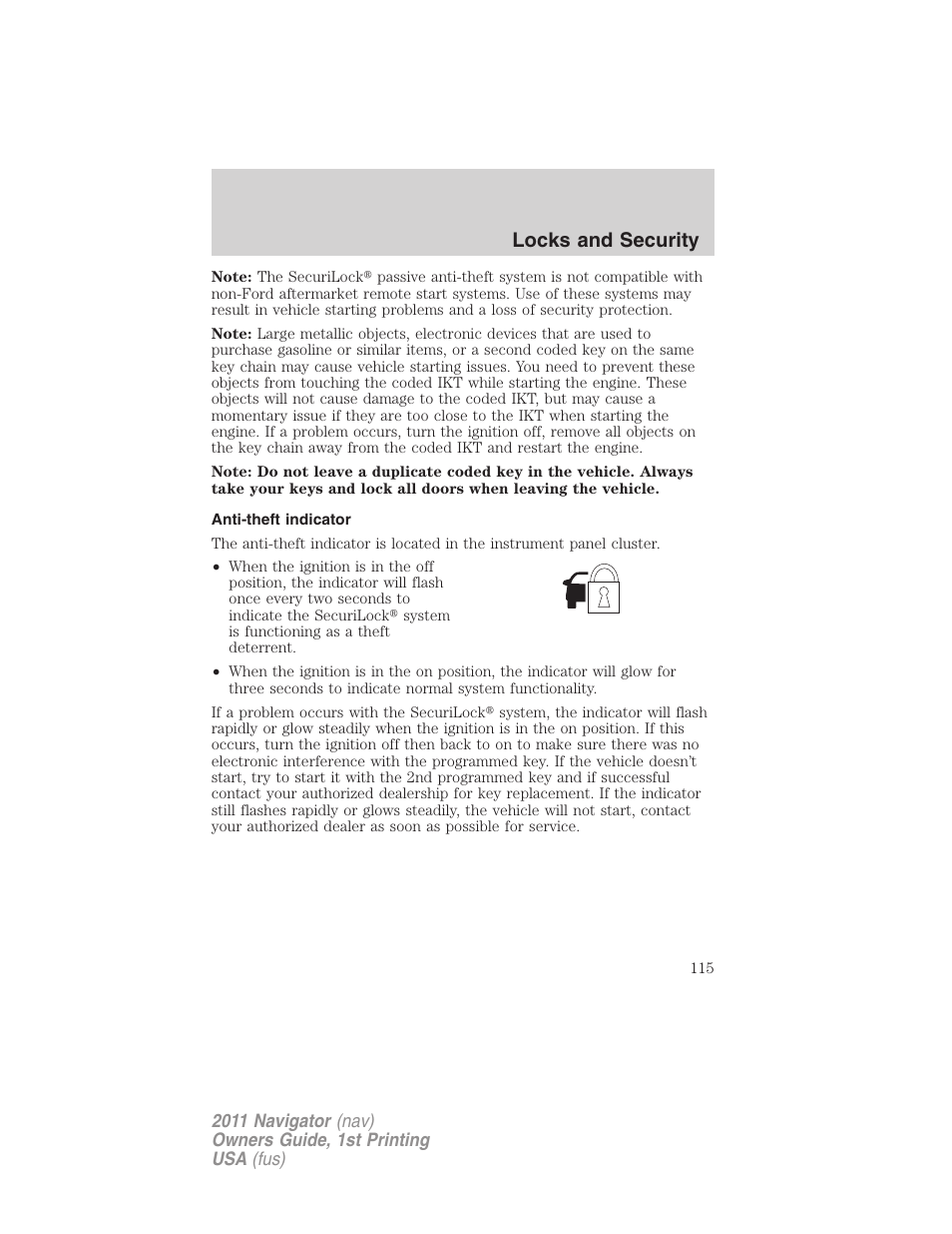 Anti-theft indicator, Locks and security | Lincoln 2011 Navigator User Manual | Page 115 / 370