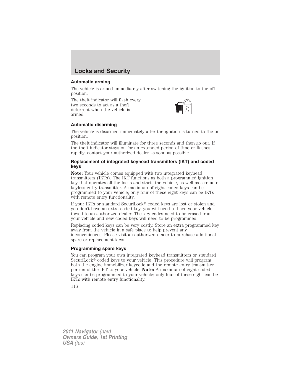 Automatic arming, Automatic disarming, Programming spare keys | Locks and security | Lincoln 2011 Navigator User Manual | Page 116 / 370