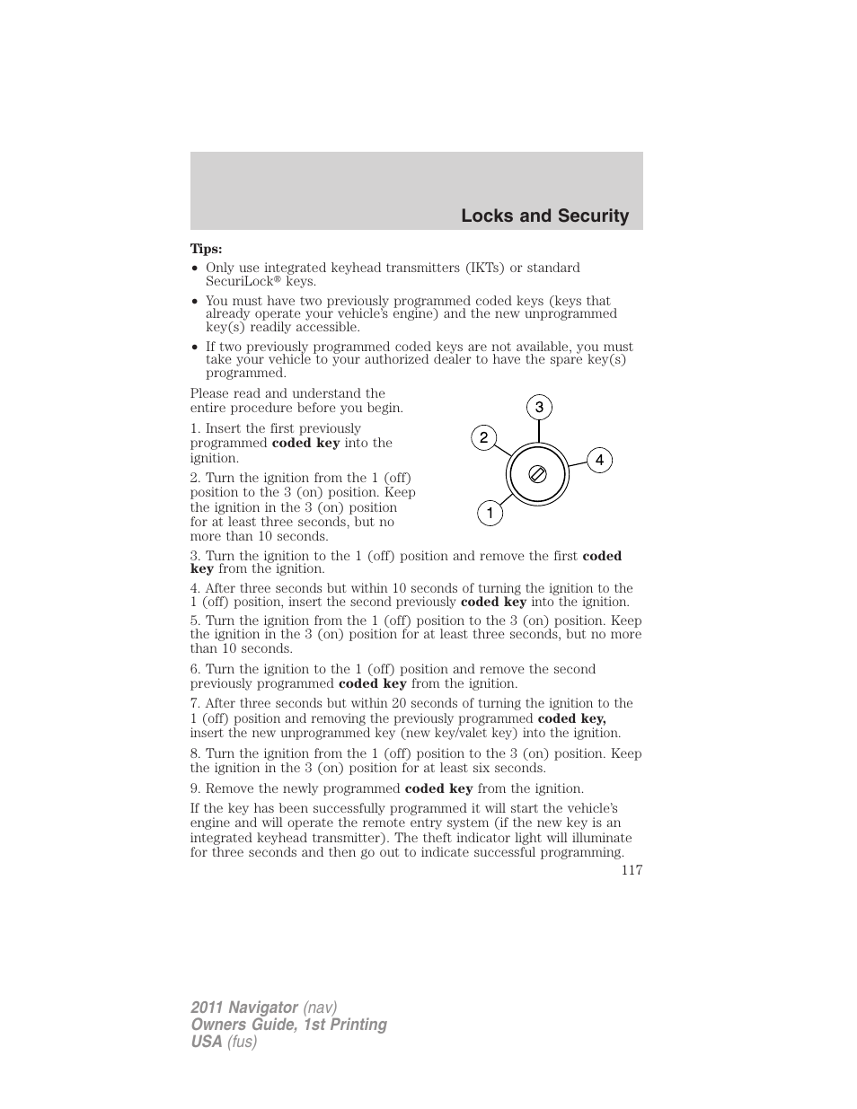 Locks and security | Lincoln 2011 Navigator User Manual | Page 117 / 370