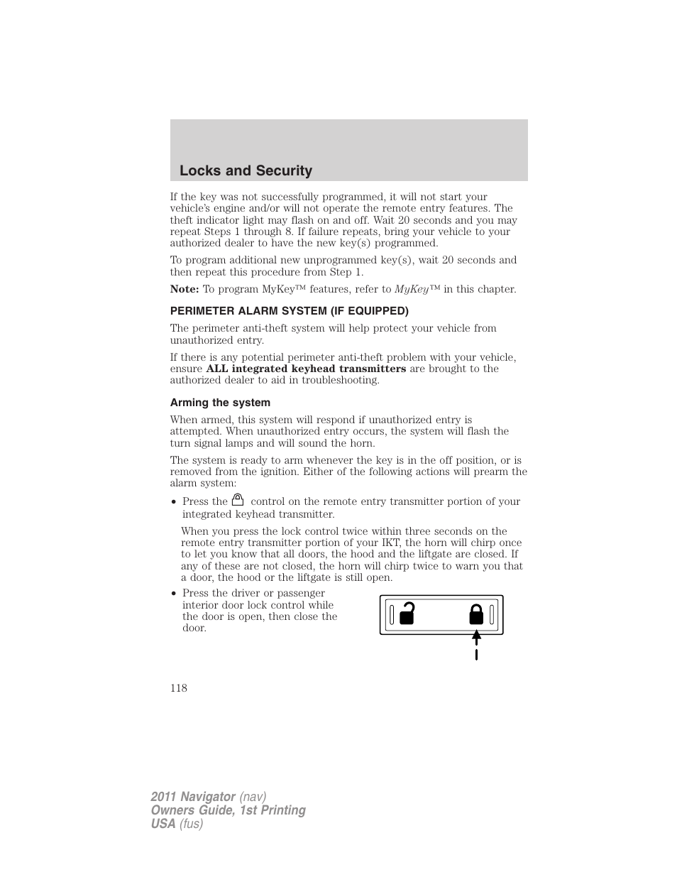 Perimeter alarm system (if equipped), Arming the system, Locks and security | Lincoln 2011 Navigator User Manual | Page 118 / 370