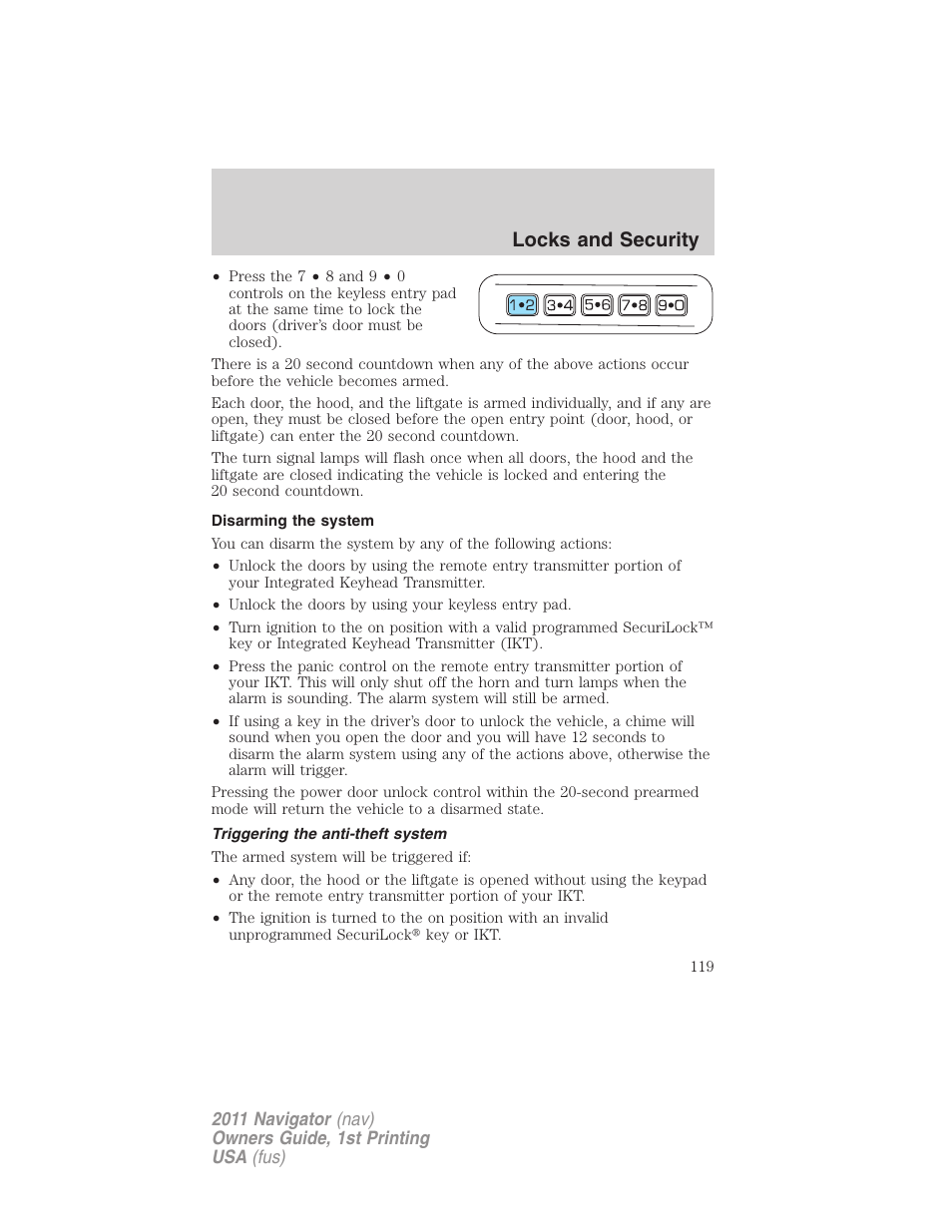 Disarming the system, Triggering the anti-theft system, Locks and security | Lincoln 2011 Navigator User Manual | Page 119 / 370