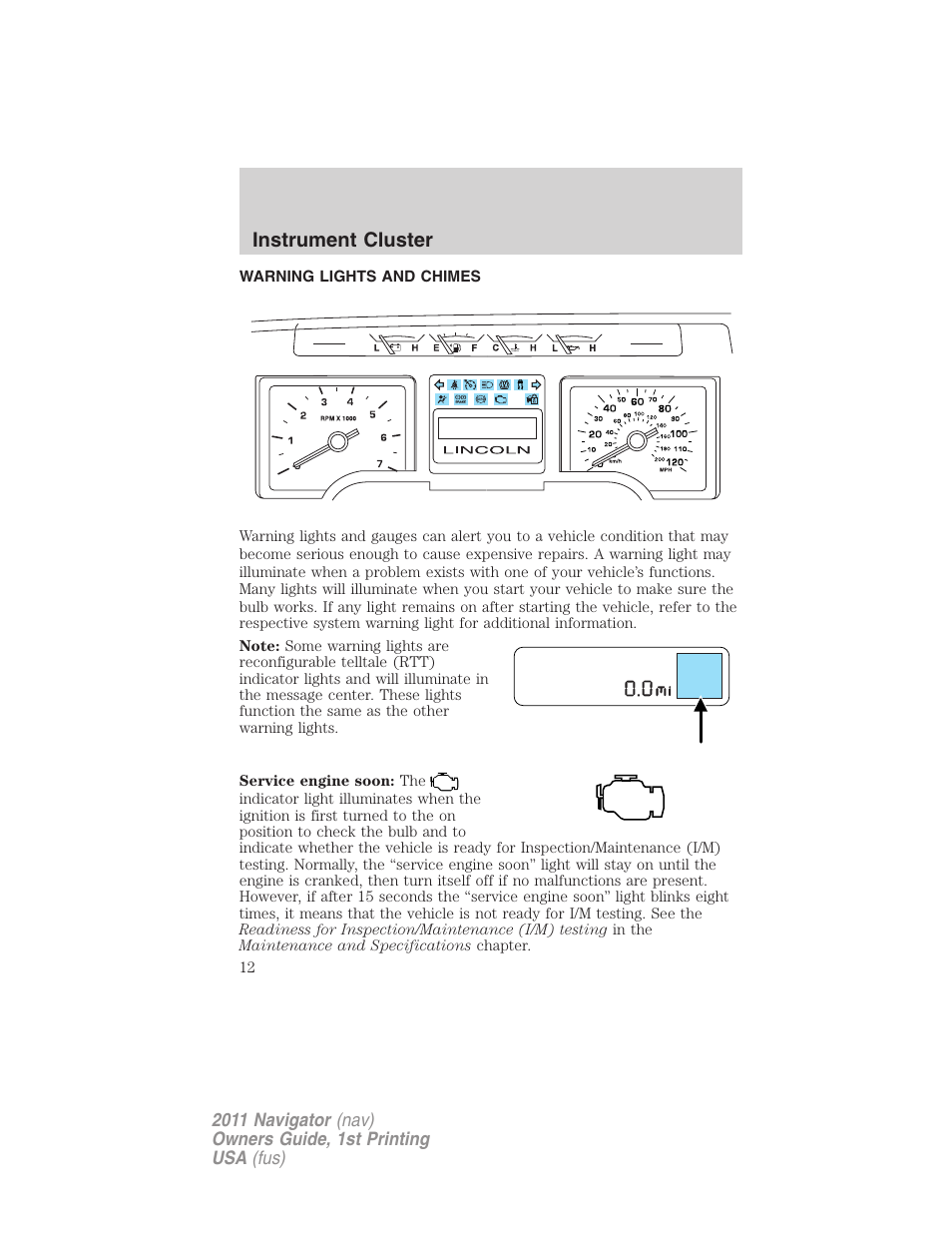 Instrument cluster, Warning lights and chimes | Lincoln 2011 Navigator User Manual | Page 12 / 370