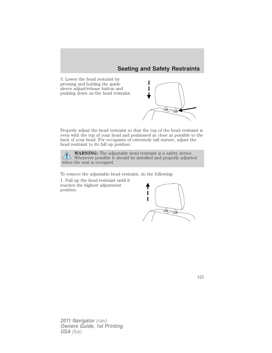 Seating and safety restraints | Lincoln 2011 Navigator User Manual | Page 121 / 370