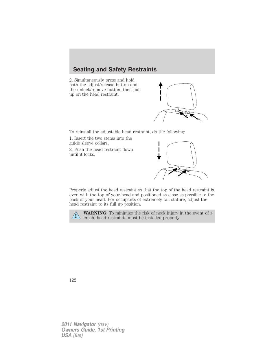 Seating and safety restraints | Lincoln 2011 Navigator User Manual | Page 122 / 370