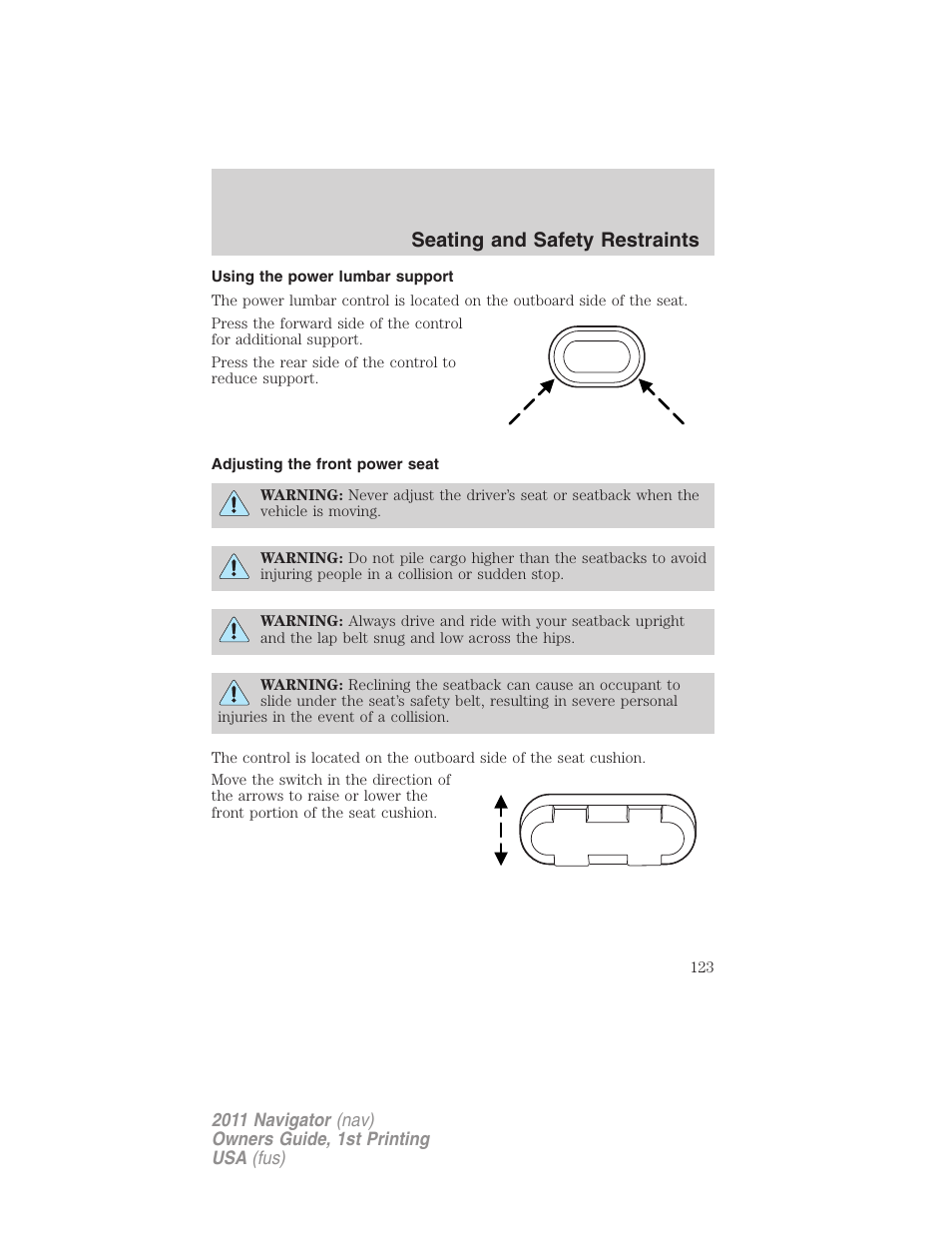 Using the power lumbar support, Adjusting the front power seat, Seating and safety restraints | Lincoln 2011 Navigator User Manual | Page 123 / 370