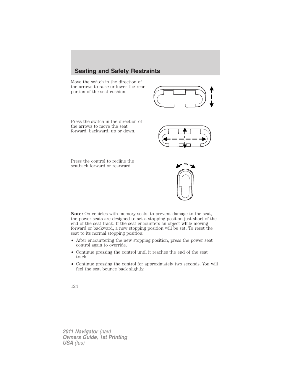 Seating and safety restraints | Lincoln 2011 Navigator User Manual | Page 124 / 370