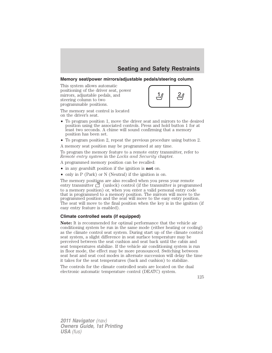 Climate controlled seats (if equipped), Seating and safety restraints | Lincoln 2011 Navigator User Manual | Page 125 / 370