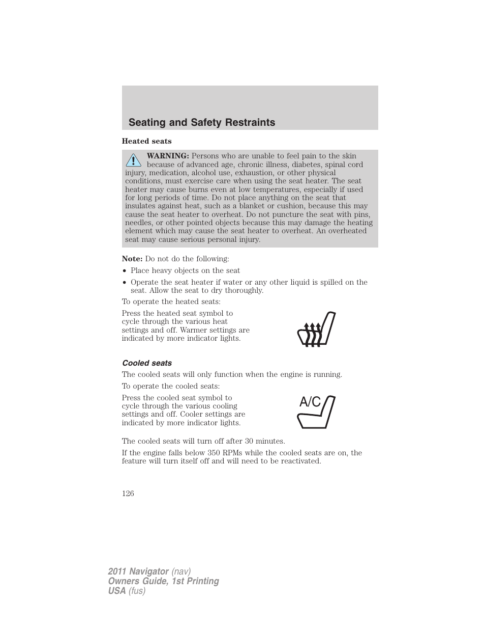 Cooled seats, Seating and safety restraints | Lincoln 2011 Navigator User Manual | Page 126 / 370