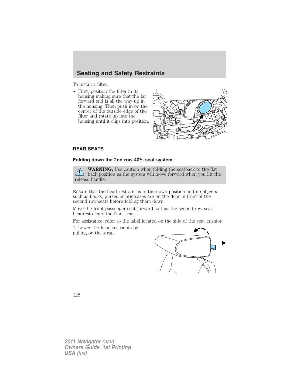 Rear seats, Folding down the 2nd row 40% seat system, Seating and safety restraints | Lincoln 2011 Navigator User Manual | Page 128 / 370