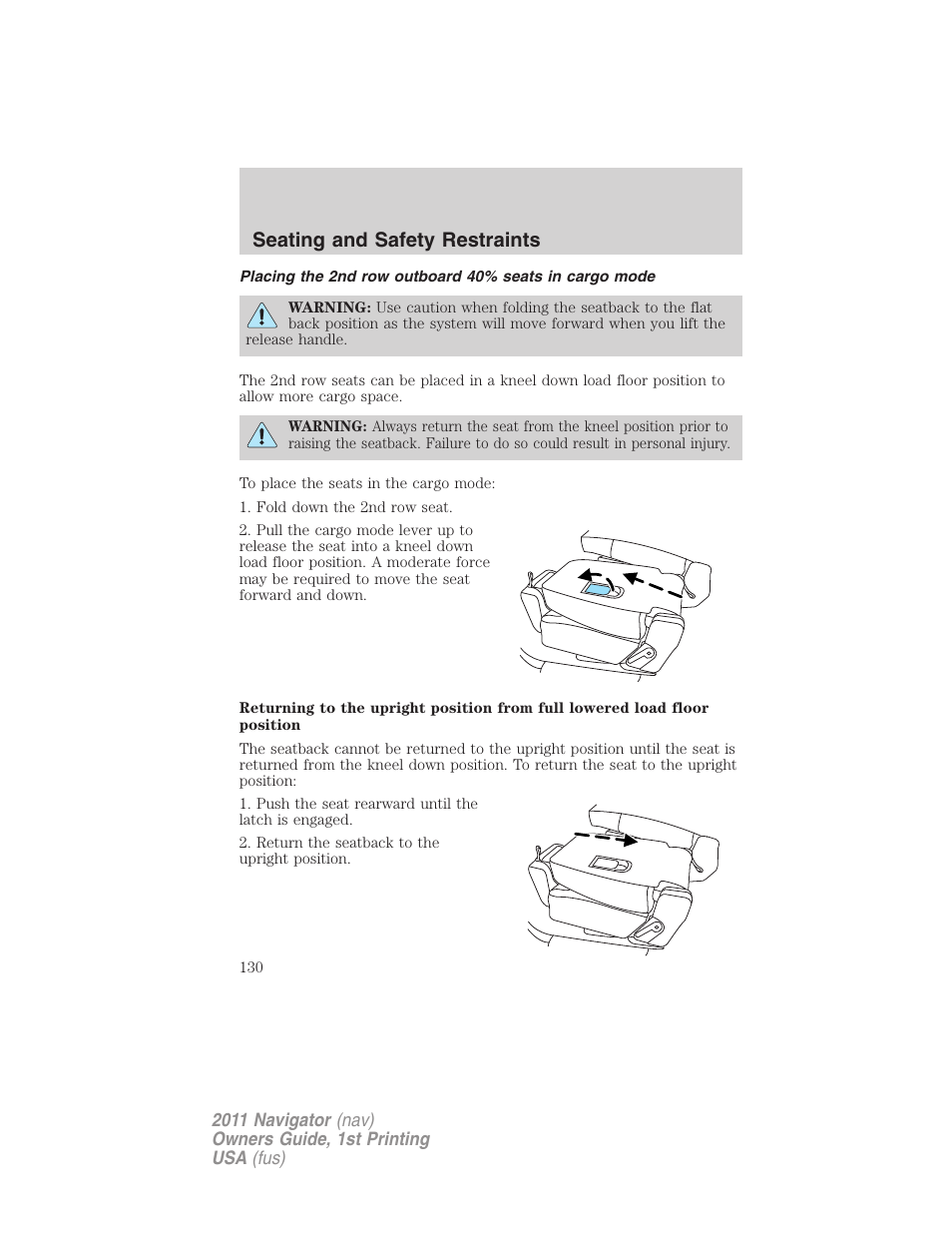 Seating and safety restraints | Lincoln 2011 Navigator User Manual | Page 130 / 370