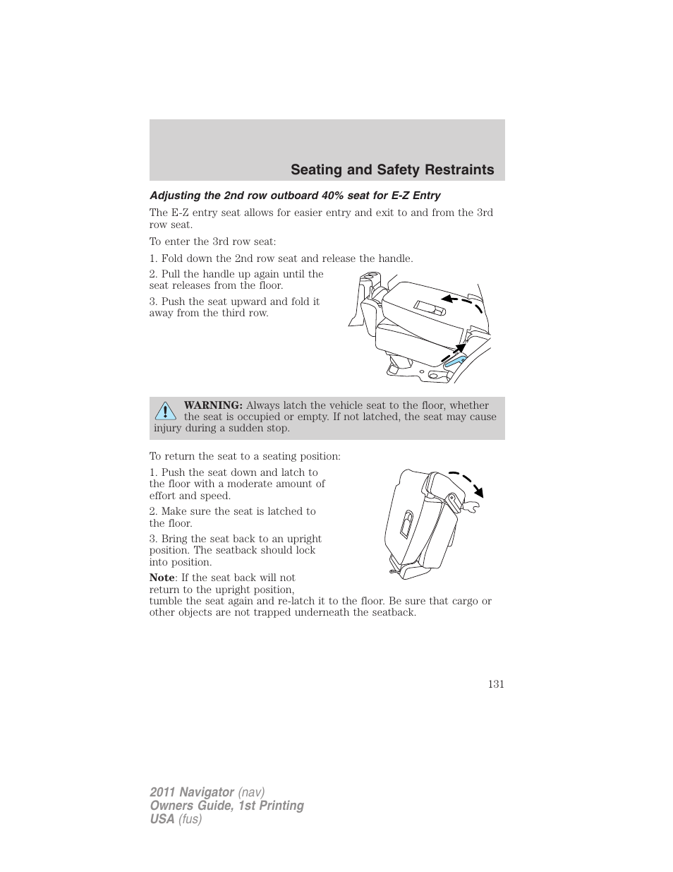 Seating and safety restraints | Lincoln 2011 Navigator User Manual | Page 131 / 370