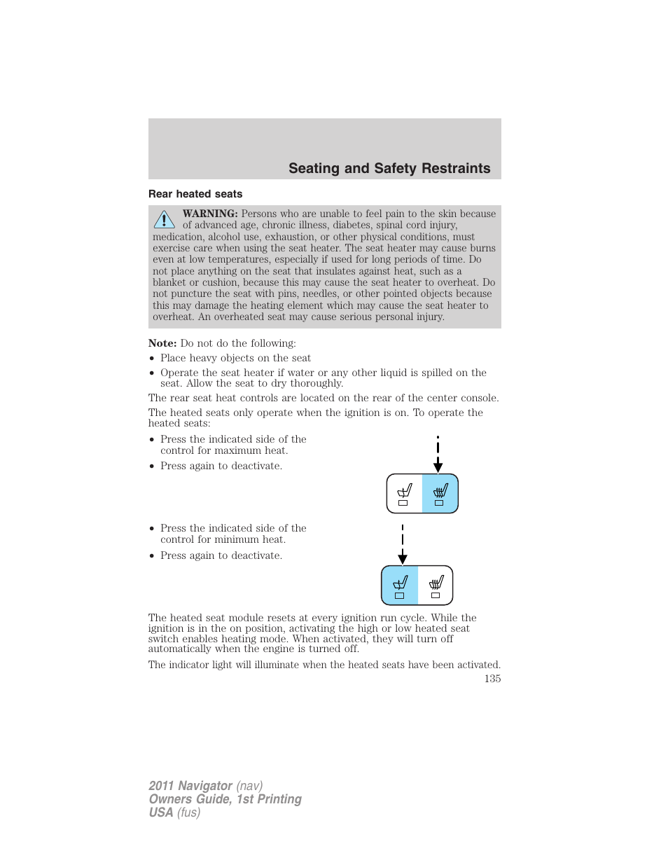 Rear heated seats, Seating and safety restraints | Lincoln 2011 Navigator User Manual | Page 135 / 370