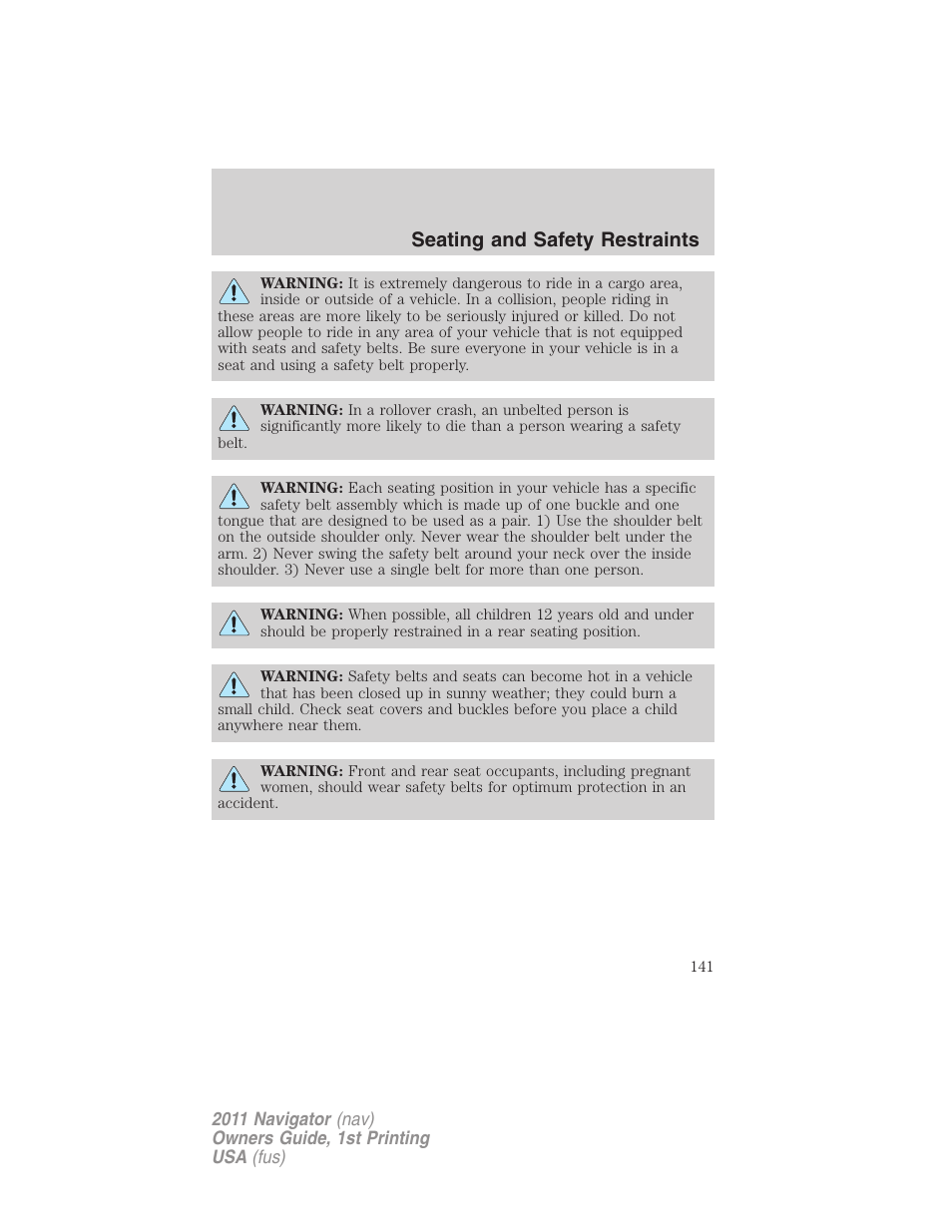 Seating and safety restraints | Lincoln 2011 Navigator User Manual | Page 141 / 370