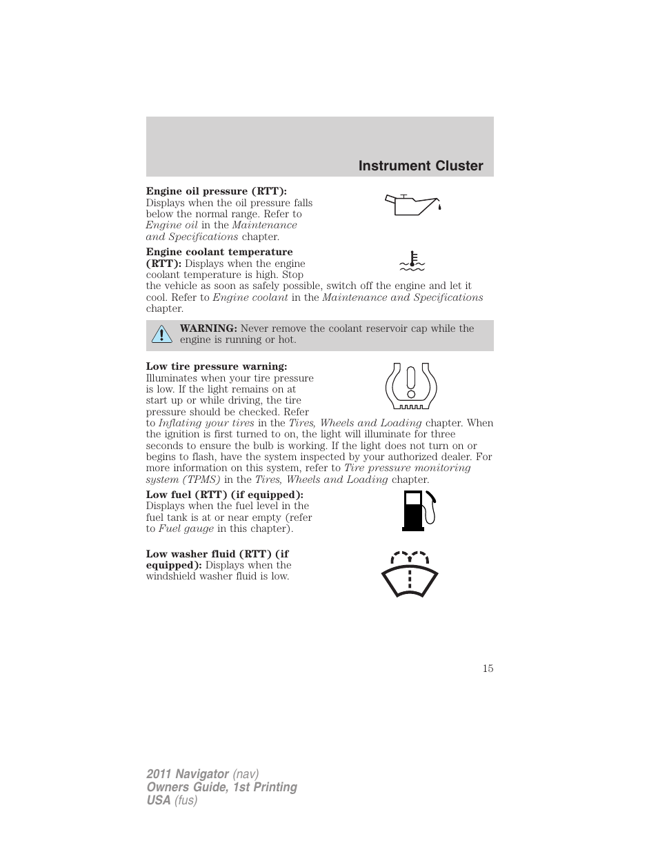 Instrument cluster | Lincoln 2011 Navigator User Manual | Page 15 / 370