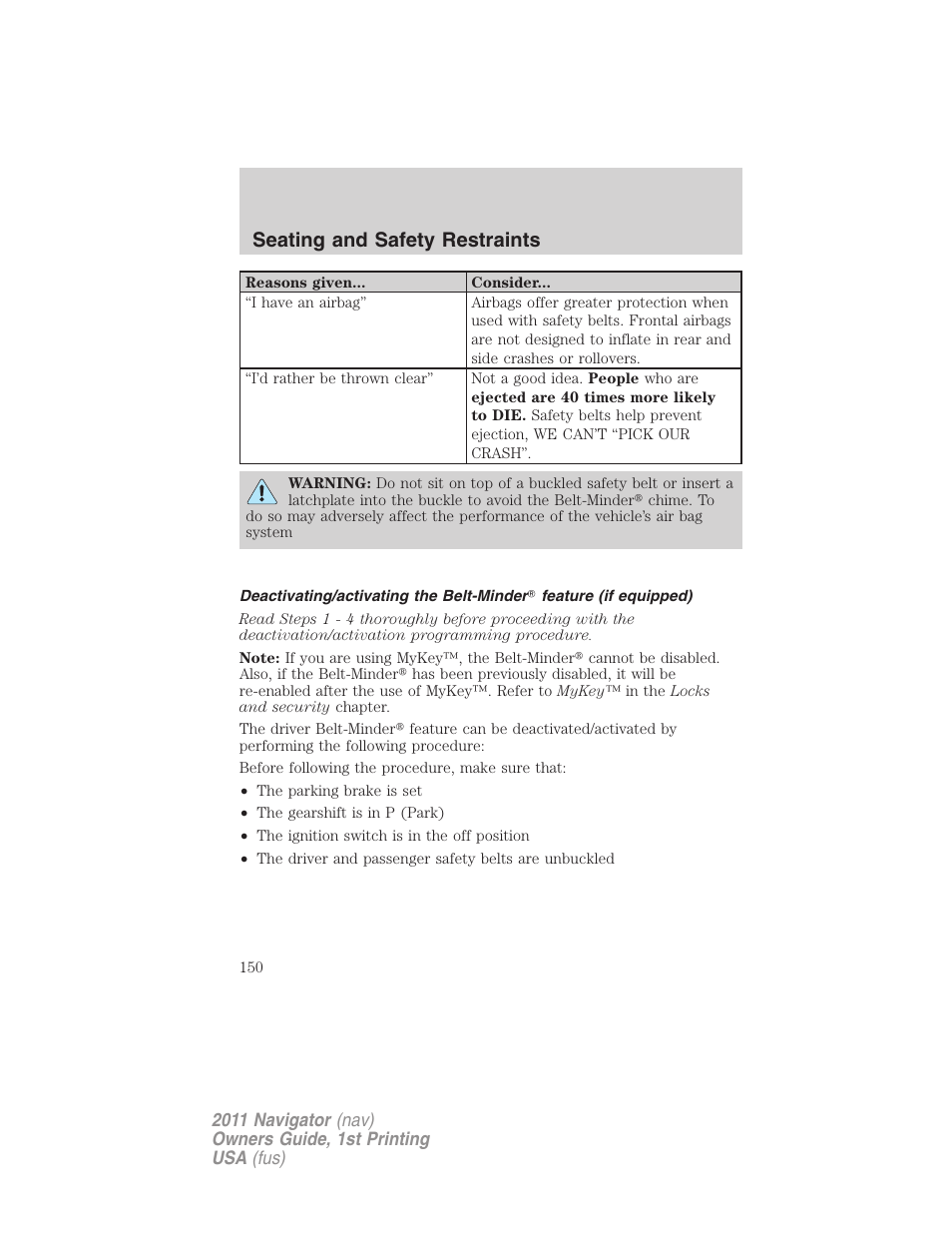 Seating and safety restraints | Lincoln 2011 Navigator User Manual | Page 150 / 370