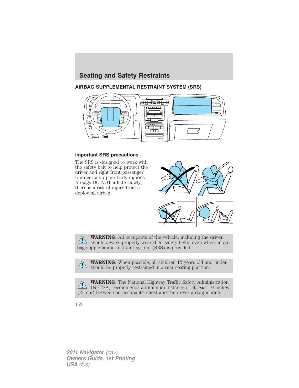 Airbag supplemental restraint system (srs), Important srs precautions, Airbags | Seating and safety restraints | Lincoln 2011 Navigator User Manual | Page 152 / 370