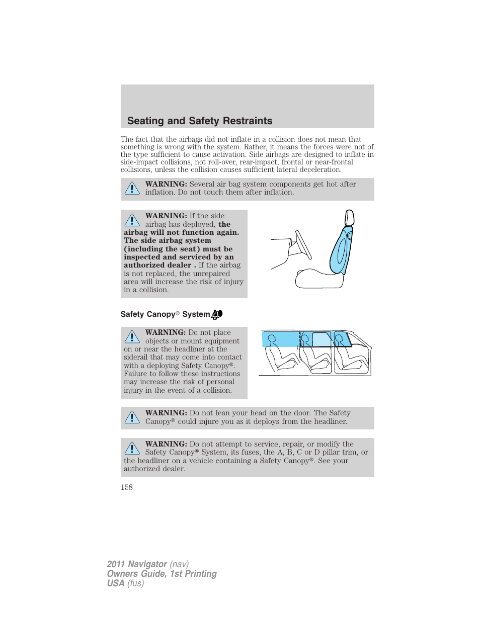 Safety canopy system, Seating and safety restraints | Lincoln 2011 Navigator User Manual | Page 158 / 370