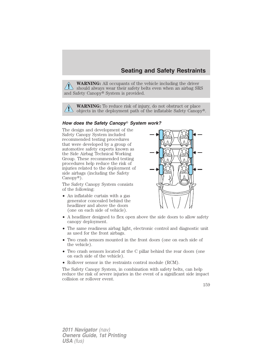 How does the safety canopy system work, Seating and safety restraints | Lincoln 2011 Navigator User Manual | Page 159 / 370