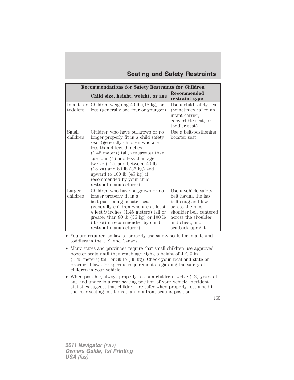 Seating and safety restraints | Lincoln 2011 Navigator User Manual | Page 163 / 370