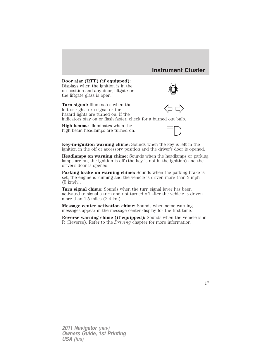 Instrument cluster | Lincoln 2011 Navigator User Manual | Page 17 / 370