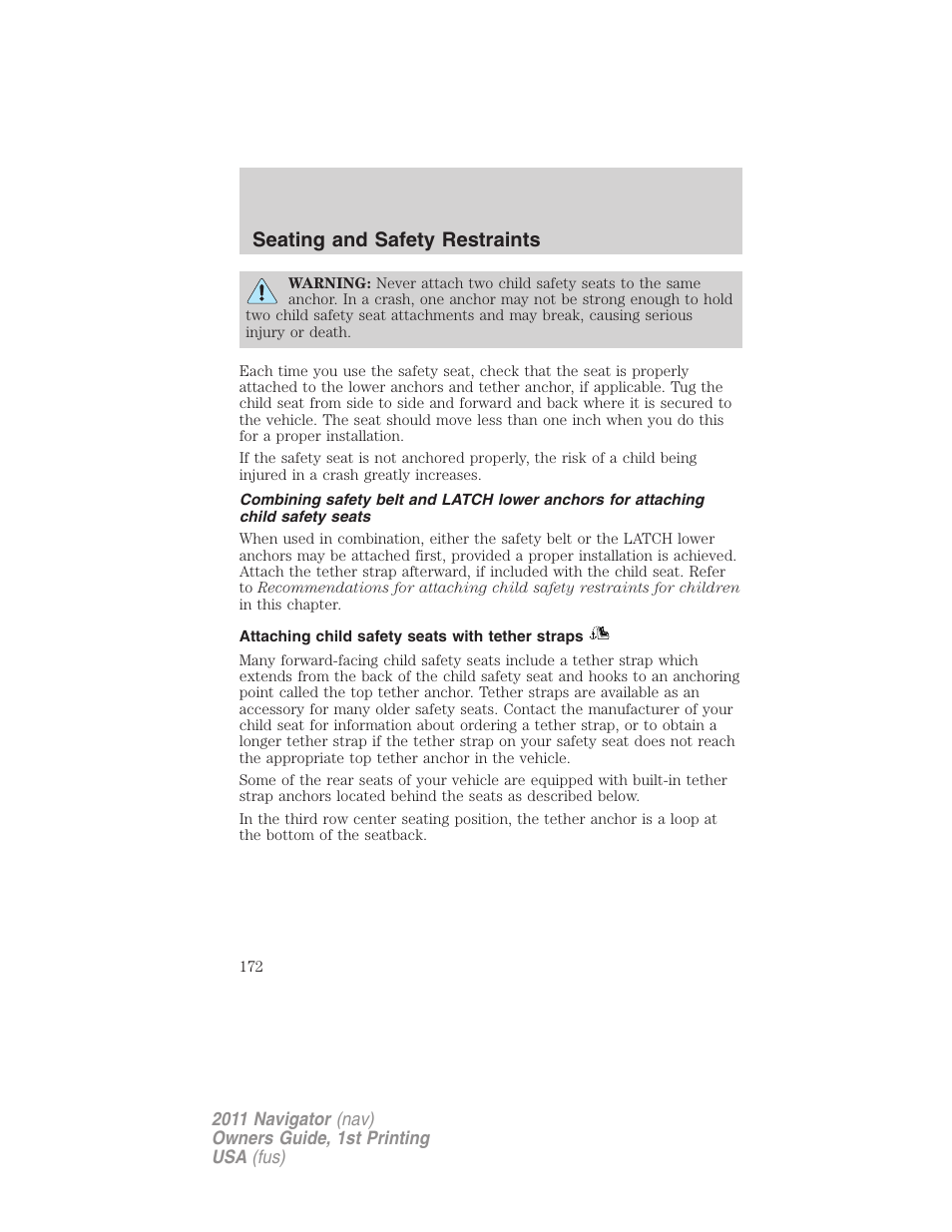 Attaching child safety seats with tether straps, Seating and safety restraints | Lincoln 2011 Navigator User Manual | Page 172 / 370