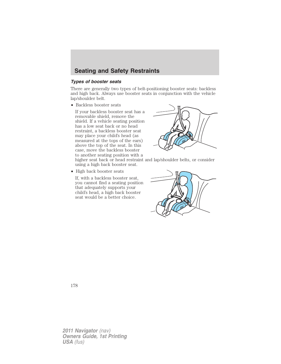 Types of booster seats, Seating and safety restraints | Lincoln 2011 Navigator User Manual | Page 178 / 370