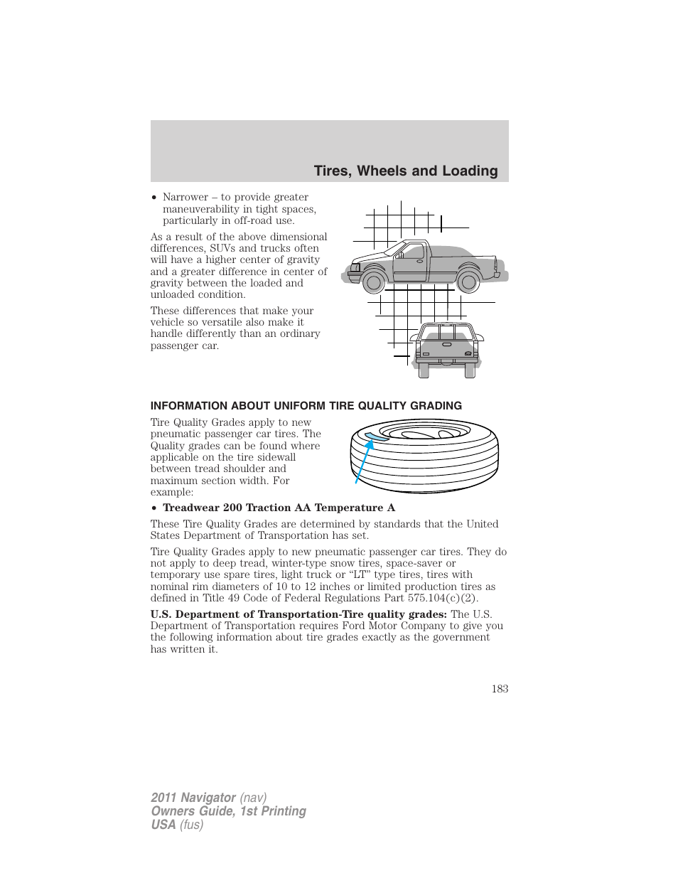 Information about uniform tire quality grading, Tire information, Tires, wheels and loading | Lincoln 2011 Navigator User Manual | Page 183 / 370