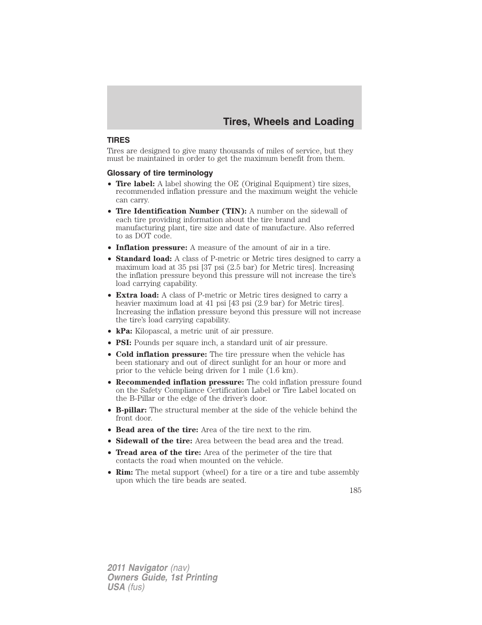 Tires, Glossary of tire terminology, Tires, wheels and loading | Lincoln 2011 Navigator User Manual | Page 185 / 370