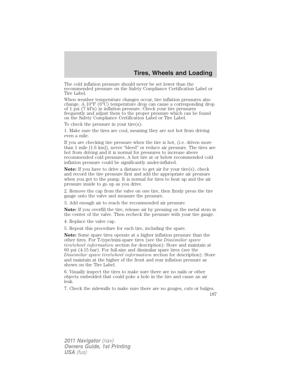 Tires, wheels and loading | Lincoln 2011 Navigator User Manual | Page 187 / 370