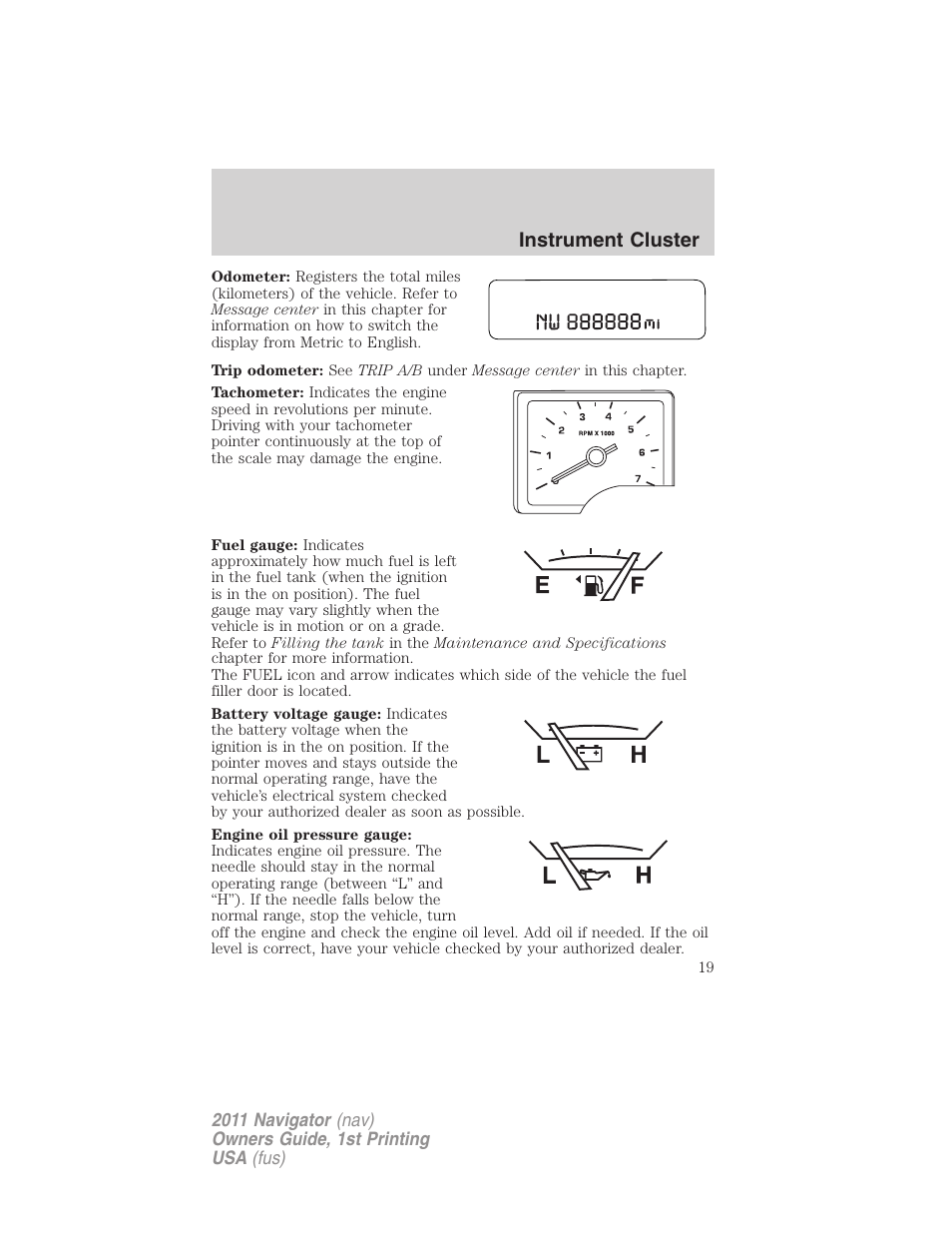 Instrument cluster | Lincoln 2011 Navigator User Manual | Page 19 / 370