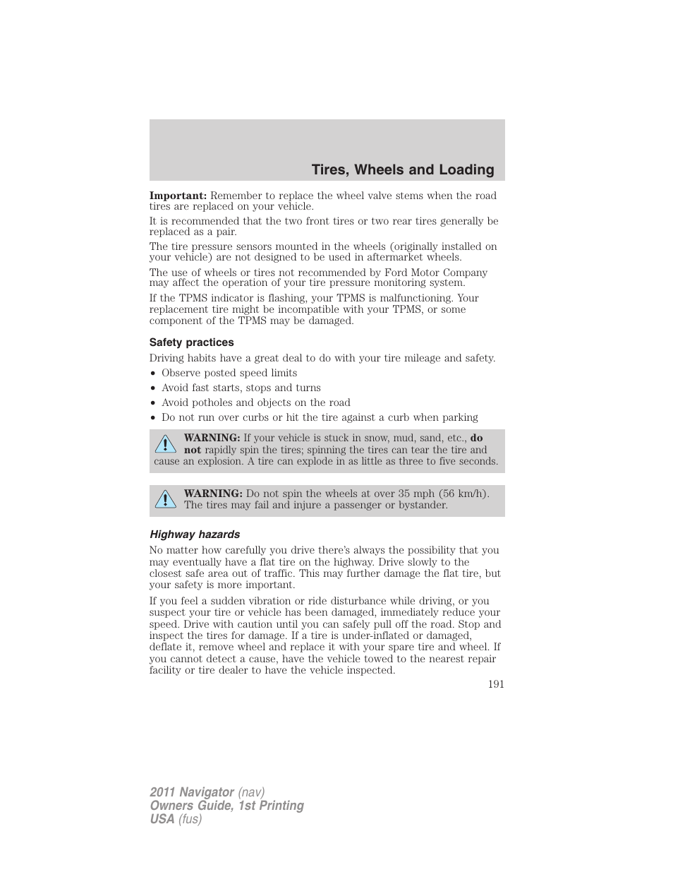 Safety practices, Highway hazards, Tires, wheels and loading | Lincoln 2011 Navigator User Manual | Page 191 / 370