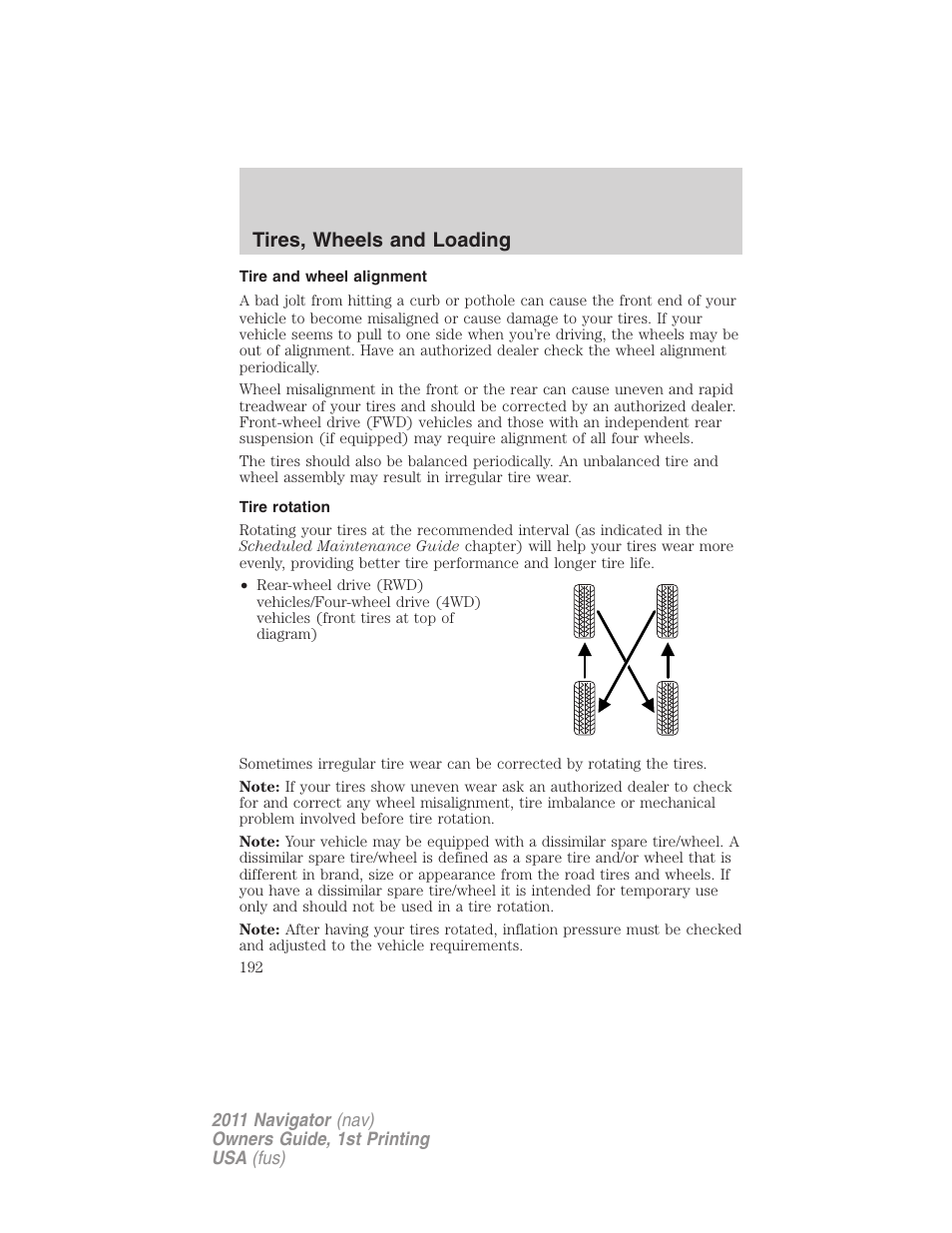 Tire and wheel alignment, Tire rotation, Tires, wheels and loading | Lincoln 2011 Navigator User Manual | Page 192 / 370