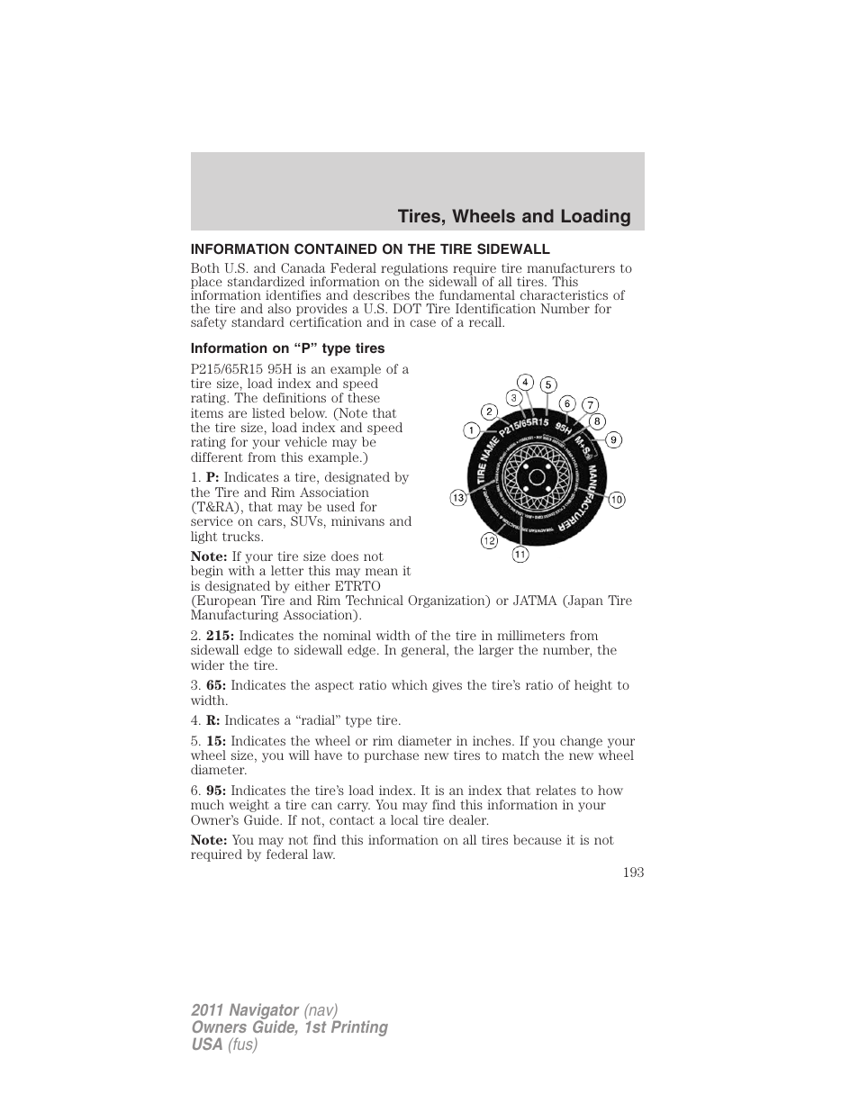 Information contained on the tire sidewall, Information on “p” type tires, Tires, wheels and loading | Lincoln 2011 Navigator User Manual | Page 193 / 370