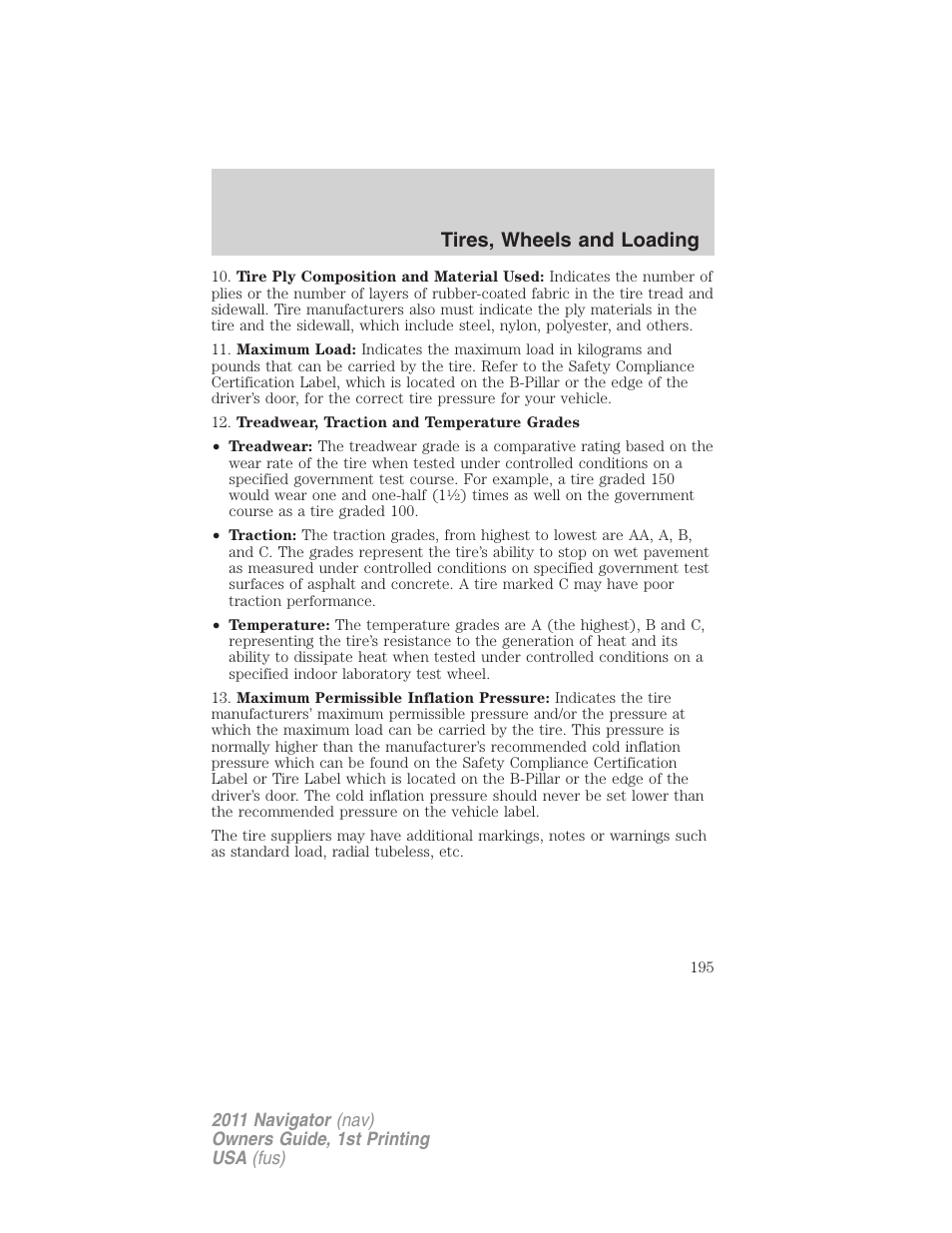 Tires, wheels and loading | Lincoln 2011 Navigator User Manual | Page 195 / 370