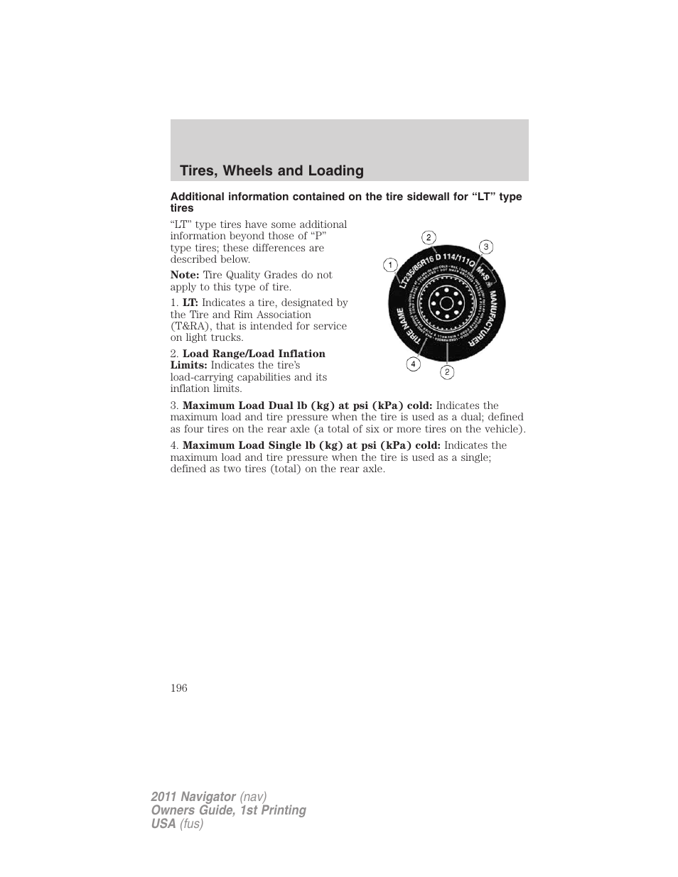 Tires, wheels and loading | Lincoln 2011 Navigator User Manual | Page 196 / 370