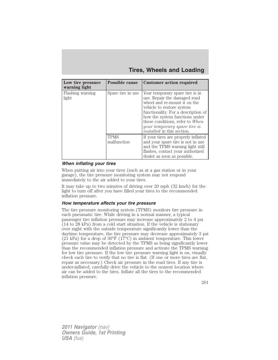 When inflating your tires, How temperature affects your tire pressure, Tires, wheels and loading | Lincoln 2011 Navigator User Manual | Page 201 / 370