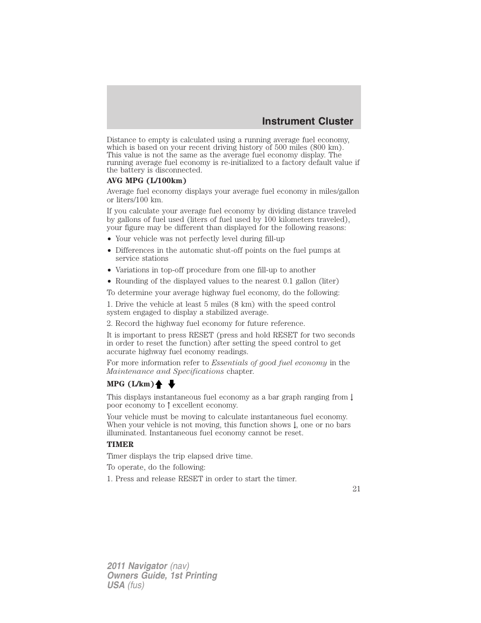 Instrument cluster | Lincoln 2011 Navigator User Manual | Page 21 / 370