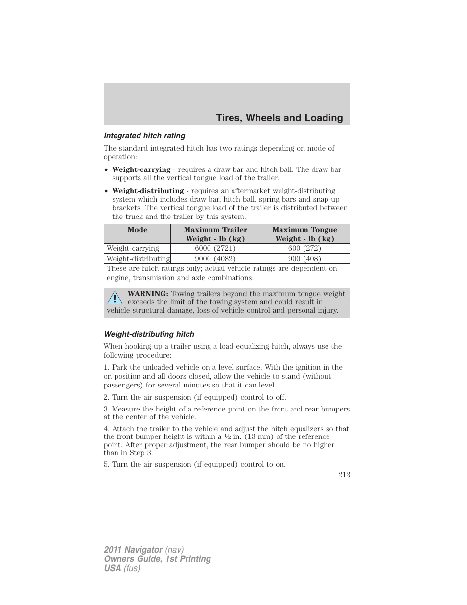 Integrated hitch rating, Weight-distributing hitch, Tires, wheels and loading | Lincoln 2011 Navigator User Manual | Page 213 / 370