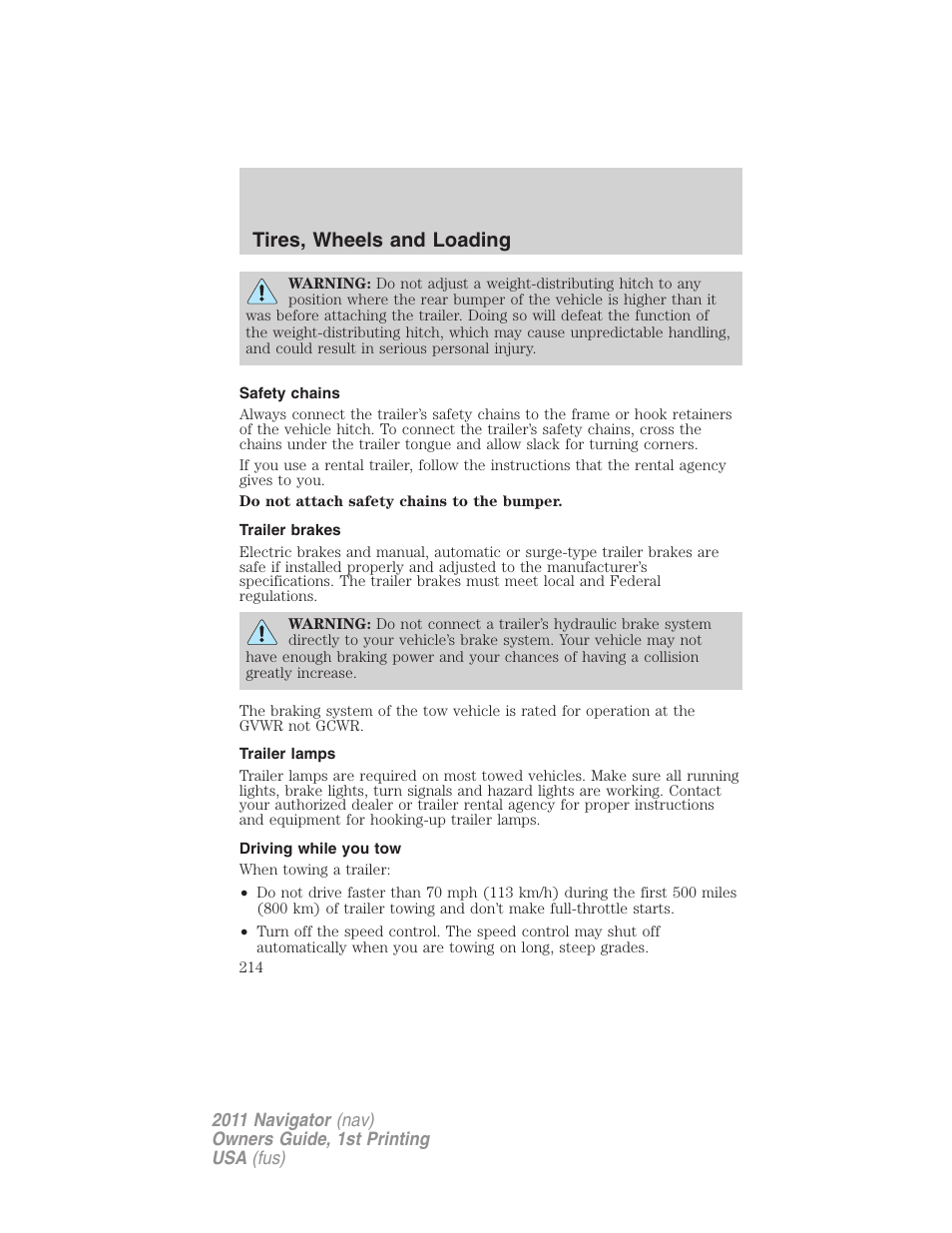 Safety chains, Trailer brakes, Trailer lamps | Driving while you tow, Tires, wheels and loading | Lincoln 2011 Navigator User Manual | Page 214 / 370