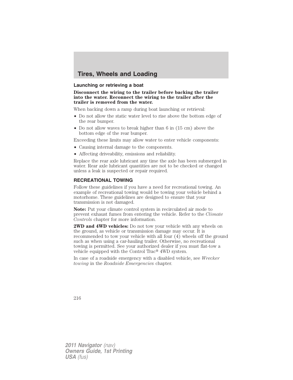 Launching or retrieving a boat, Recreational towing, Tires, wheels and loading | Lincoln 2011 Navigator User Manual | Page 216 / 370