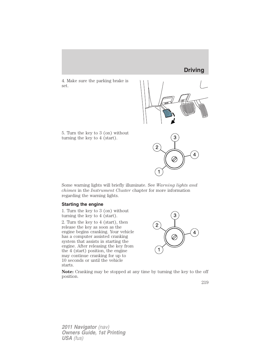 Starting the engine, Driving | Lincoln 2011 Navigator User Manual | Page 219 / 370